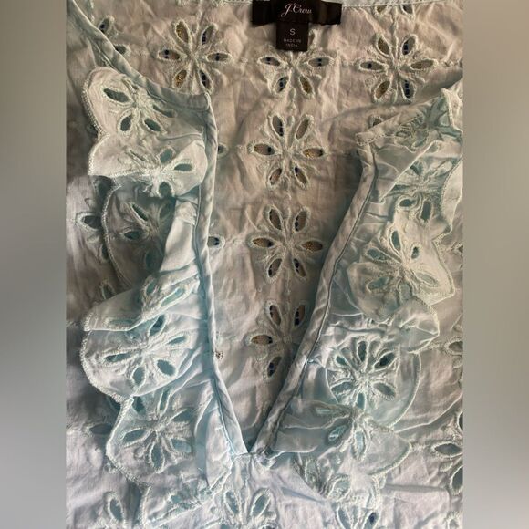 J Crew Top Eyelet Pullover Tunic Blouse Mint 3/4 Sleeve Ruffle Neck Cotton Sz S - Picture 4 of 12
